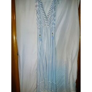 Blue Island Beach Striped Jumpsuit Sleeveless V Neck Tassel Accent Casual